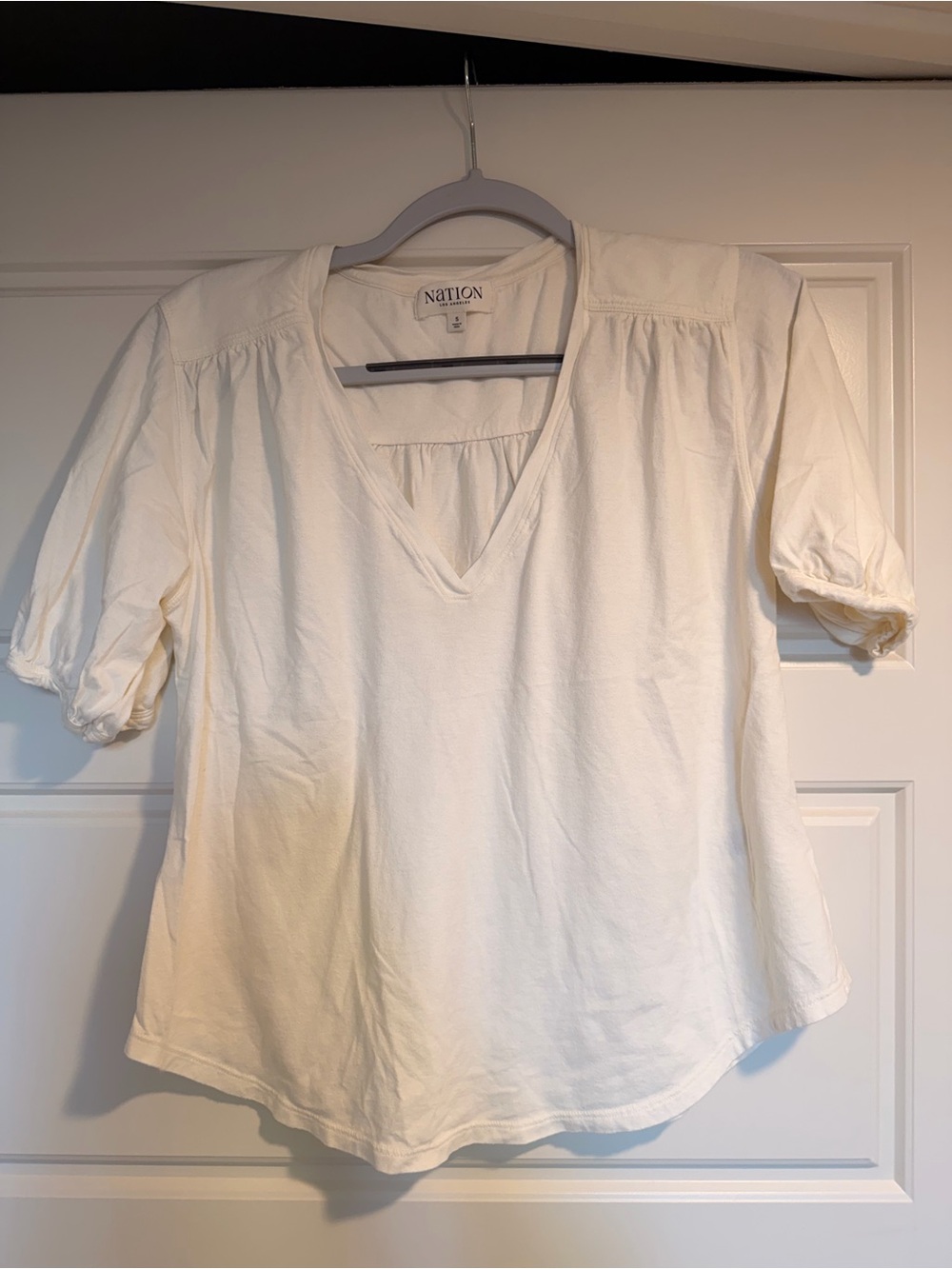 Nation V-Neck Short Puff Sleeve Top in Cream